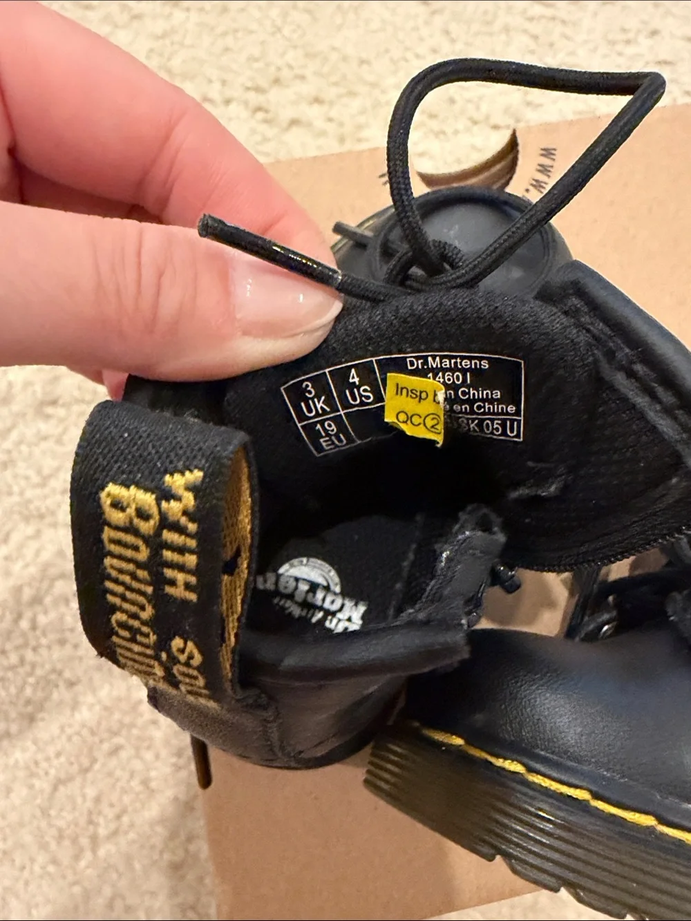 Dr. Martens Kids Black Leather Lace-Up Boots with Yellow Stitching